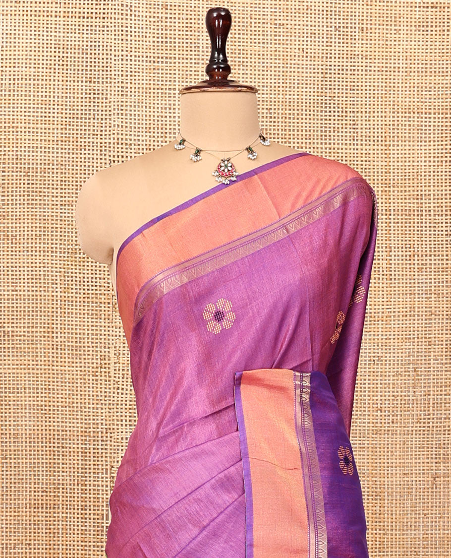 Purple Tussar Silk Saree, Bedecked with Flower Motifs, Contrast Zari Border, Thread Woven Pallu, and Contrast Blouse