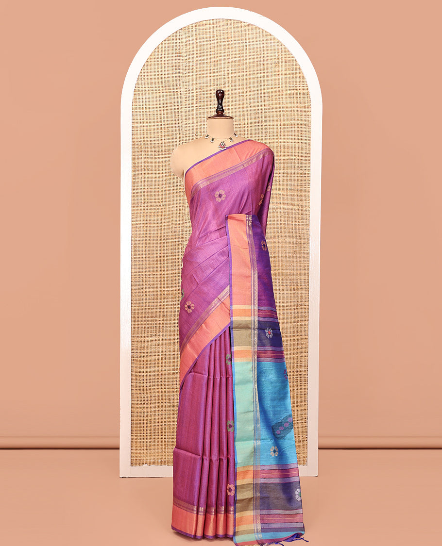 Purple Tussar Silk Saree, Bedecked with Flower Motifs, Contrast Zari Border, Thread Woven Pallu, and Contrast Blouse