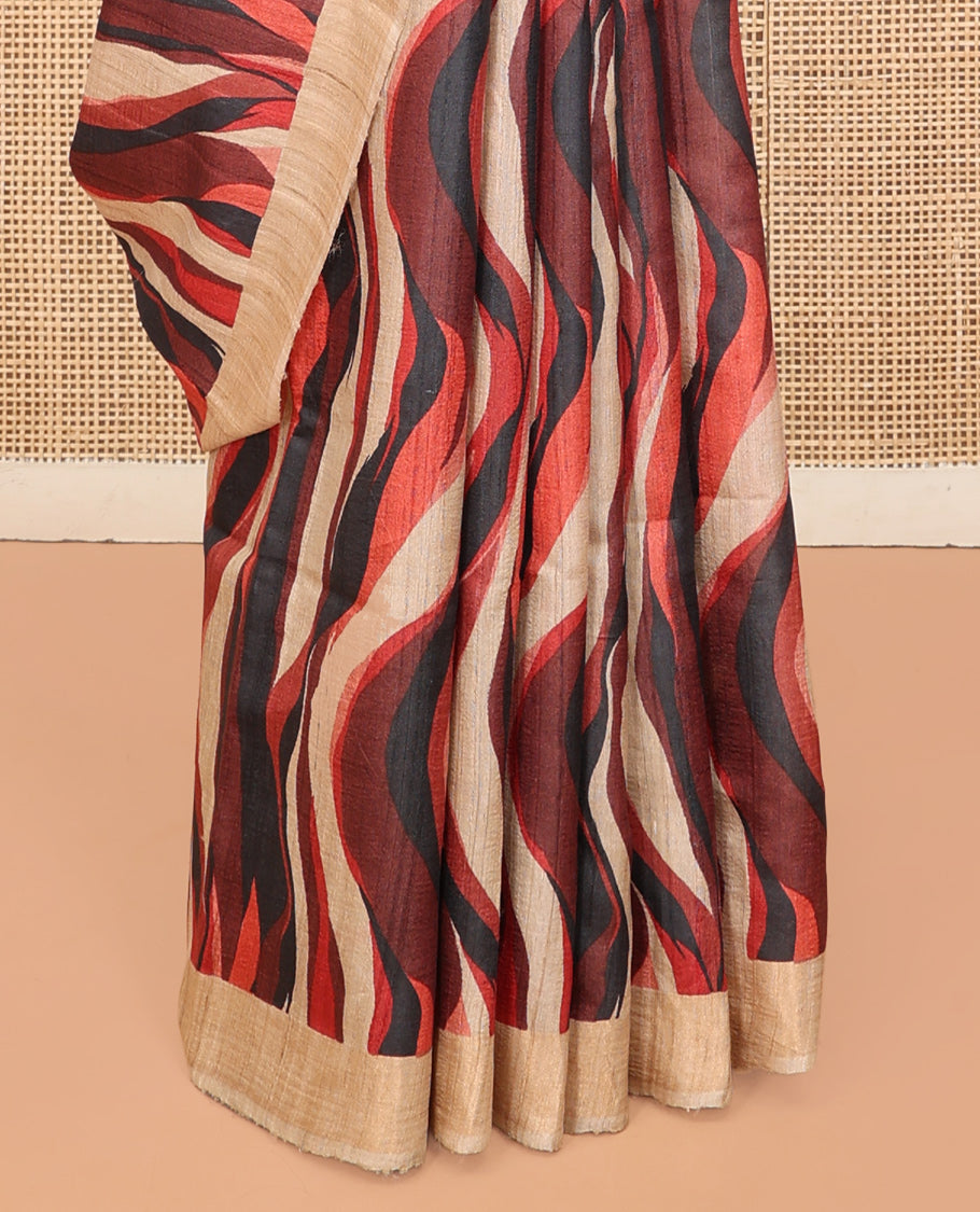 Multi-Color Tussar Silk Saree, Adorned with an Abstract Print, a Subtle Contrast Border, a Dual-Color Pallu, and a Contrast Blouse