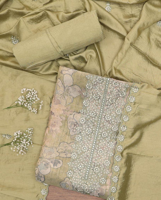 Green Chudidhar material set, floral print & embroidery tissue top, plain bottom & embroidered chanderi silk dupatta