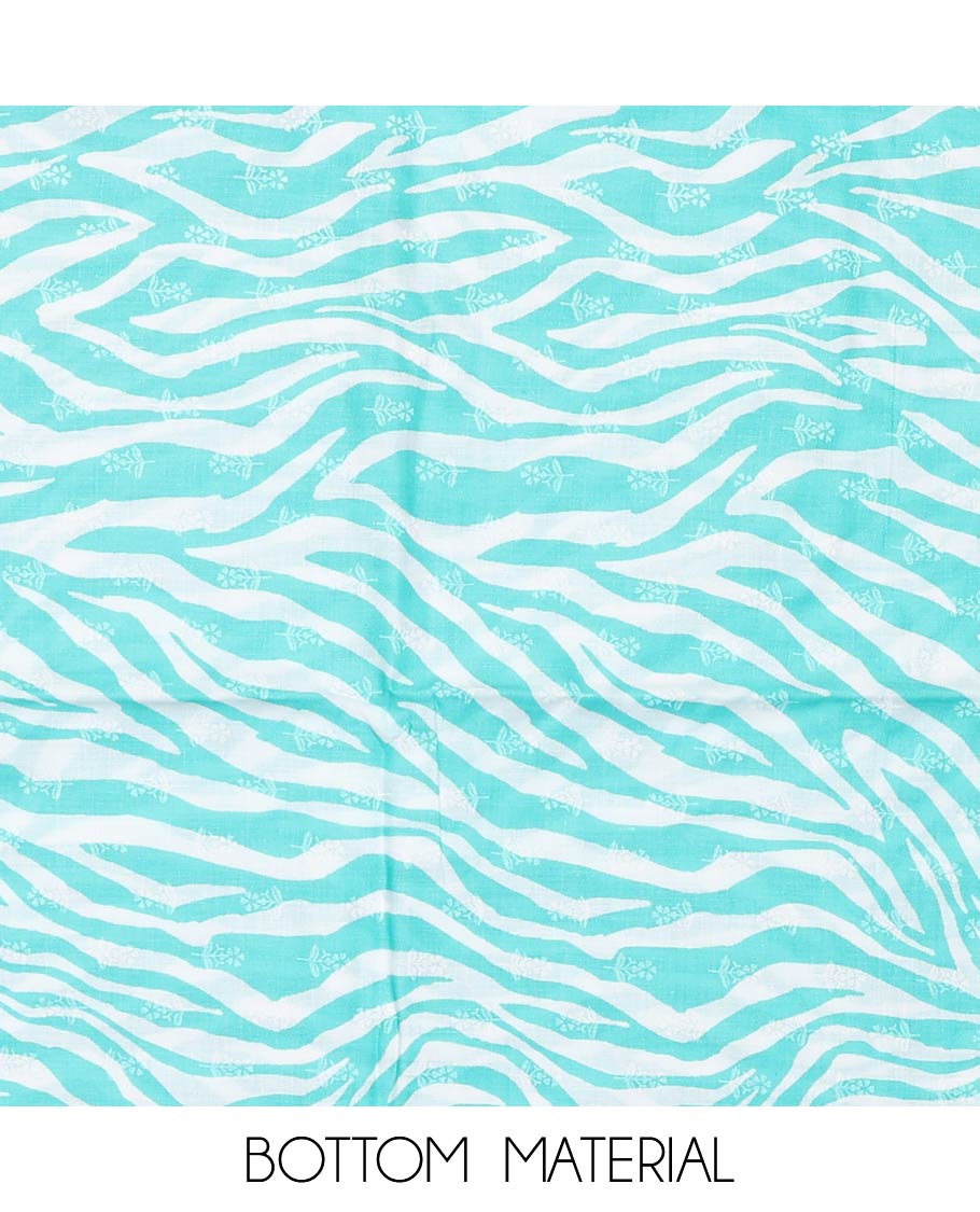 Turquoise cotton material churidar set, floral printed with neck embroidered top, tiger skin style printed bottom, and dupatta of floral and animal print