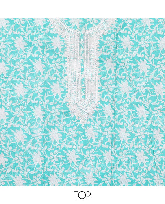 Turquoise cotton material churidar set, floral printed with neck embroidered top, tiger skin style printed bottom, and dupatta of floral and animal print