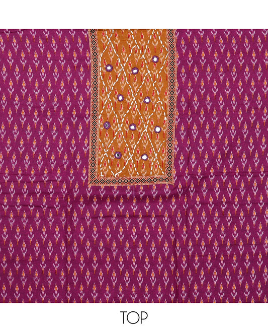 Purple material chudidar set, ikkat buttas with neck patch embroidered top, contrast plain bottom, and block printed dupatta