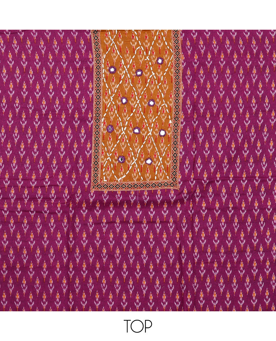 Purple material chudidar set, ikkat buttas with neck patch embroidered top, contrast plain bottom, and block printed dupatta
