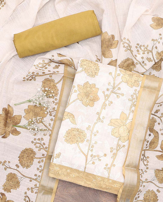 Cream-sandal material chudidar set, floral print and thread woven top, contrast plain bottom, and floral printed dupatta