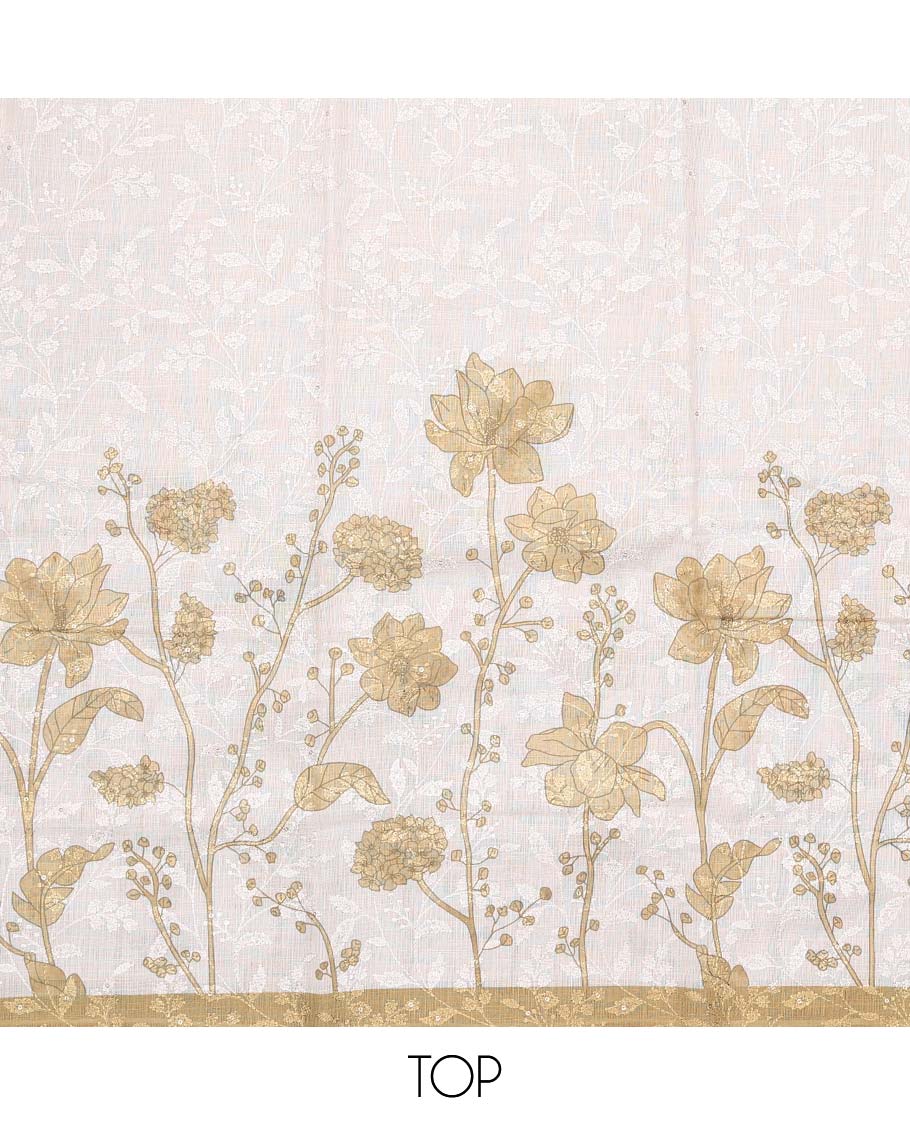 Cream-sandal material chudidar set, floral print and thread woven top, contrast plain bottom, and floral printed dupatta