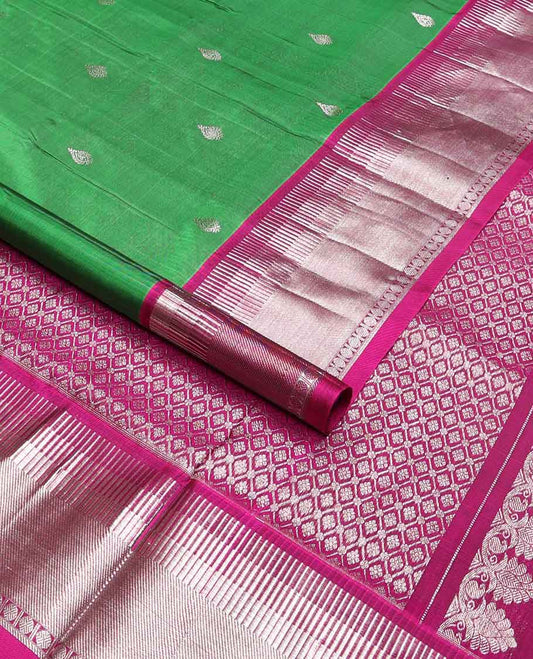Green motifs venkatagiri silk saree with contrast temple border & floral jaal design pallu