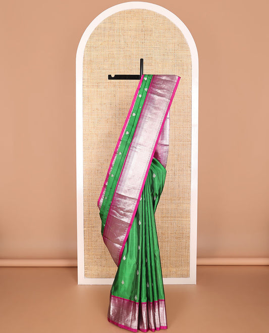 Green motifs venkatagiri silk saree with contrast temple border & floral jaal design pallu