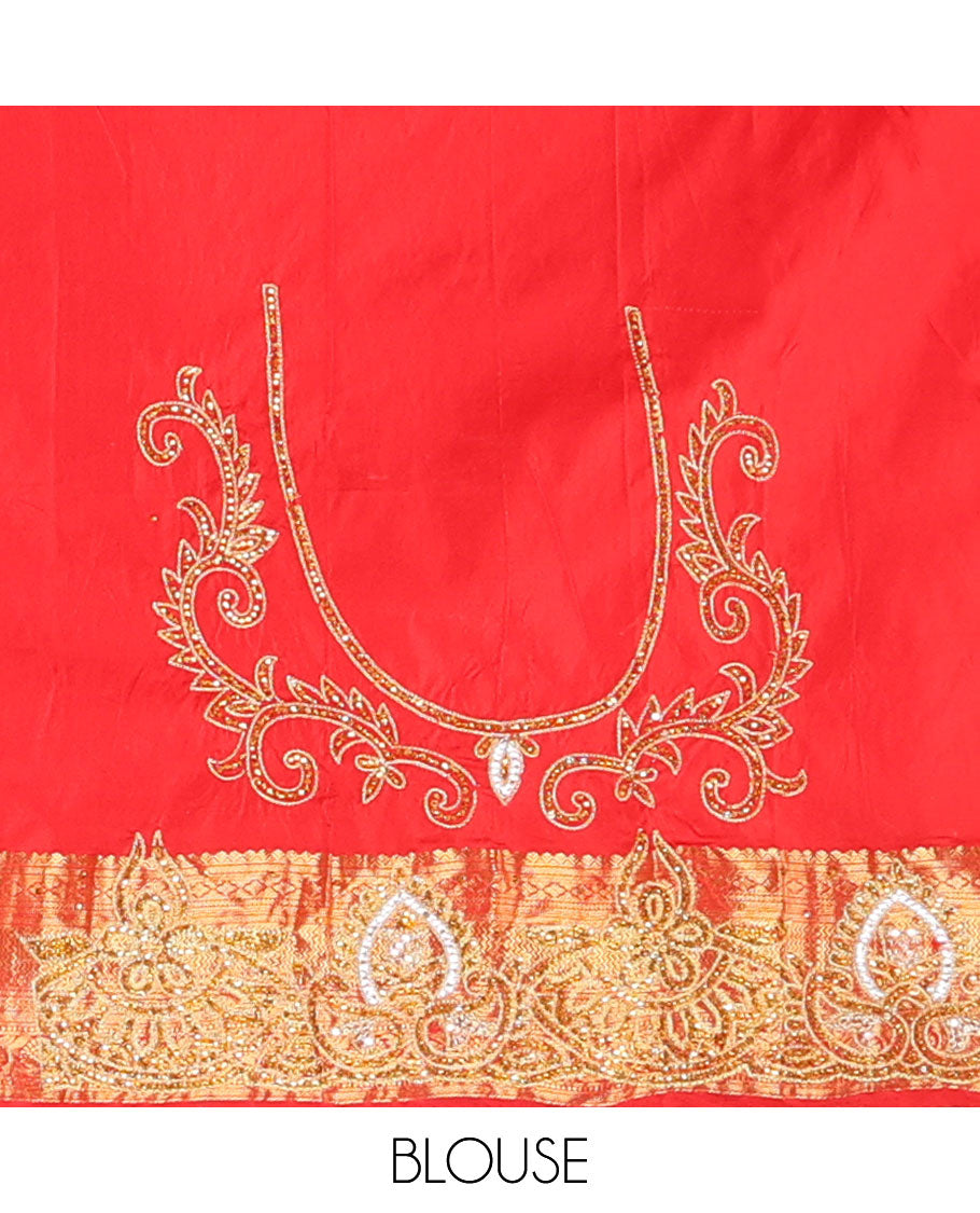 Red jacquard stone embroidered silk saree, scallop cut embroidered zari border & intricate zari & embroidered pallu