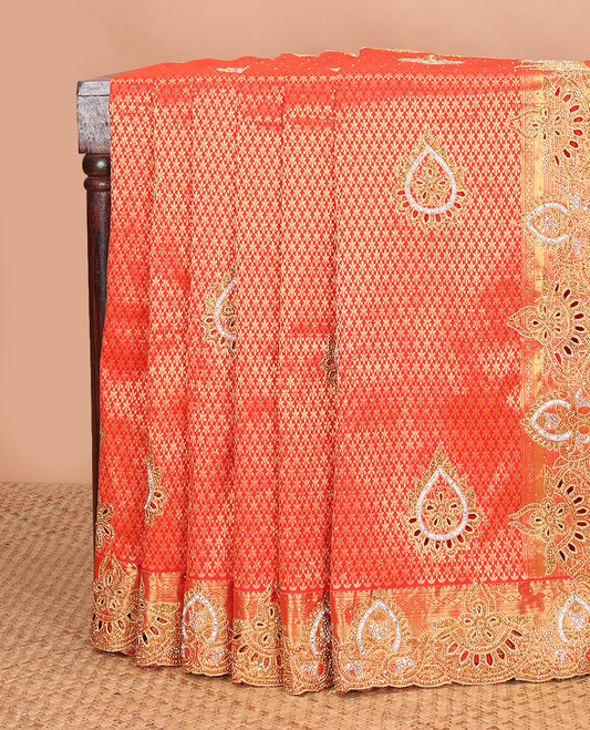 Red jacquard stone embroidered silk saree, scallop cut embroidered zari border & intricate zari & embroidered pallu