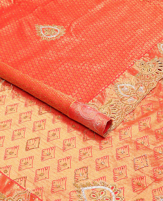 Red jacquard stone embroidered silk saree, scallop cut embroidered zari border & intricate zari & embroidered pallu