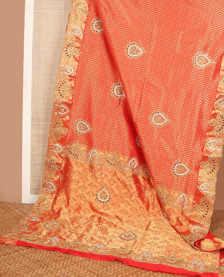 Red jacquard stone embroidered silk saree, scallop cut embroidered zari border & intricate zari & embroidered pallu