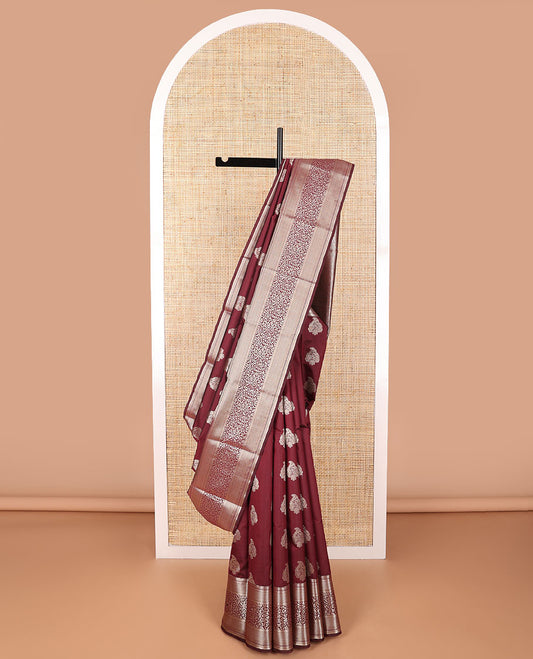 Marron floral motifs vasundhara elite silk saree with contrast border of floral vine, checked design & geometric design pallu