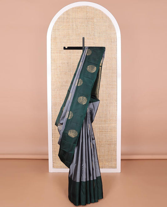Grey buttas vasundhara elite silk saree with contrast floral designb order & geometric design pallu