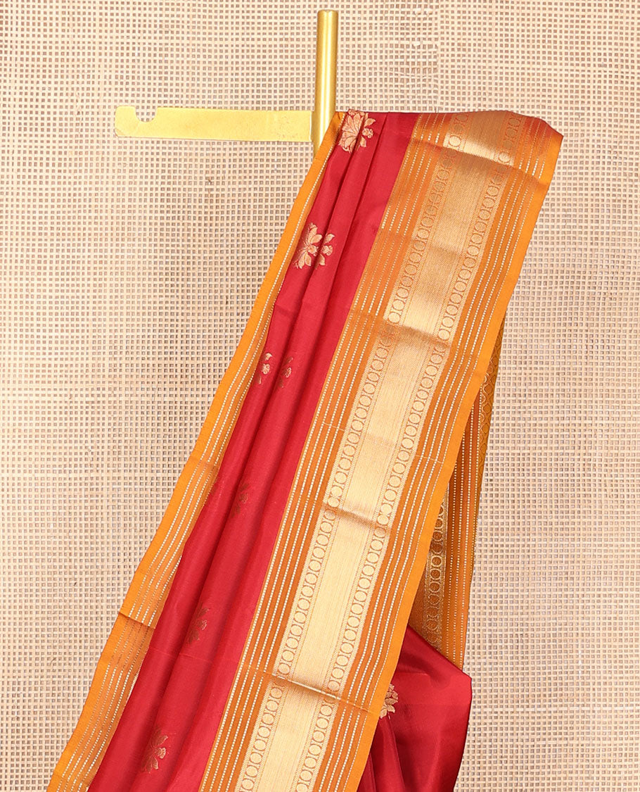 Red zari buttas vasundhara silk mix saree, contrast border of muthu,kathir,rudraksham & zari stripes & jaal design pallu