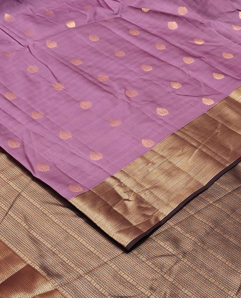 Purple zari buttas Vasundhara silk mix saree, contrast border of muthu and kathir designs, and geometric patterned pallu