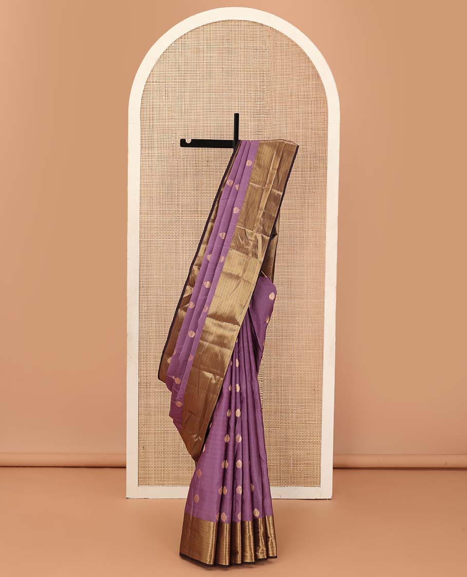 Purple zari buttas Vasundhara silk mix saree, contrast border of muthu and kathir designs, and geometric patterned pallu