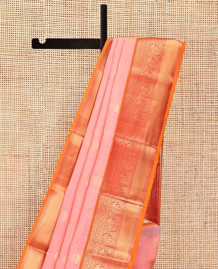 Pink Vasundhara Lite Silk Mix Saree, Spotlighted with Zari Buttas All Over Its Body, Complemented by a Contrast Border of Rekku, Rudraksham, Laddu Kamalam, Yaanai, and Mayil Kann Designs, Grand Jaal-Design Pallu, and Paired with a Contrast Blouse