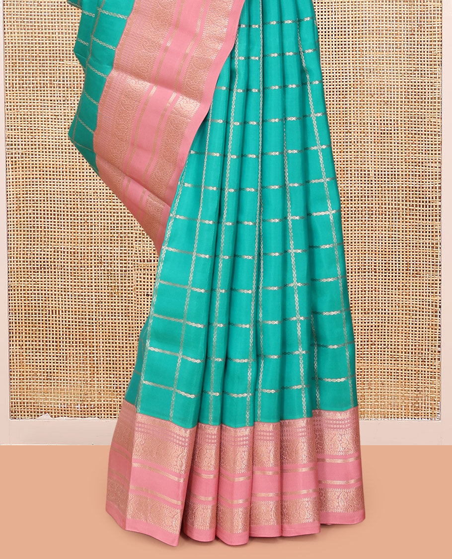 Blue Vasundhara Lite Silk Mix Saree, Embellished with Zari Checks, a Contrast Border of Thilakam, and Chakram Designs, Jaal Pallu, and a Contrast Blouse