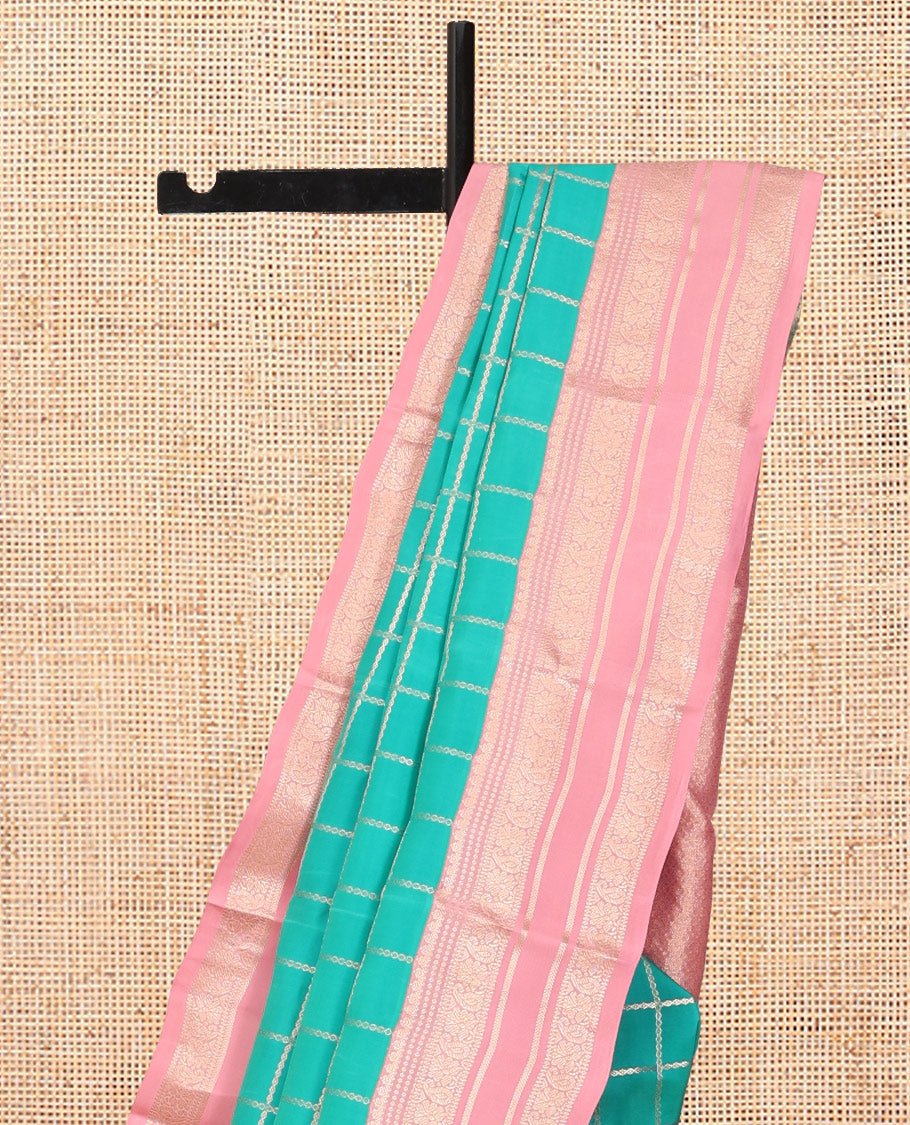 Blue Vasundhara Lite Silk Mix Saree, Embellished with Zari Checks, a Contrast Border of Thilakam, and Chakram Designs, Jaal Pallu, and a Contrast Blouse