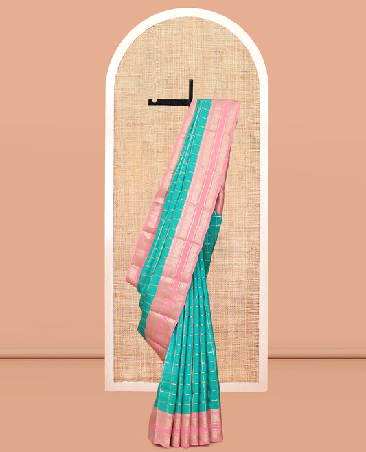 Blue Vasundhara Lite Silk Mix Saree, Embellished with Zari Checks, a Contrast Border of Thilakam, and Chakram Designs, Jaal Pallu, and a Contrast Blouse