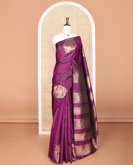 purple buttas silk saree with self border bird design border & bhavanji pallu