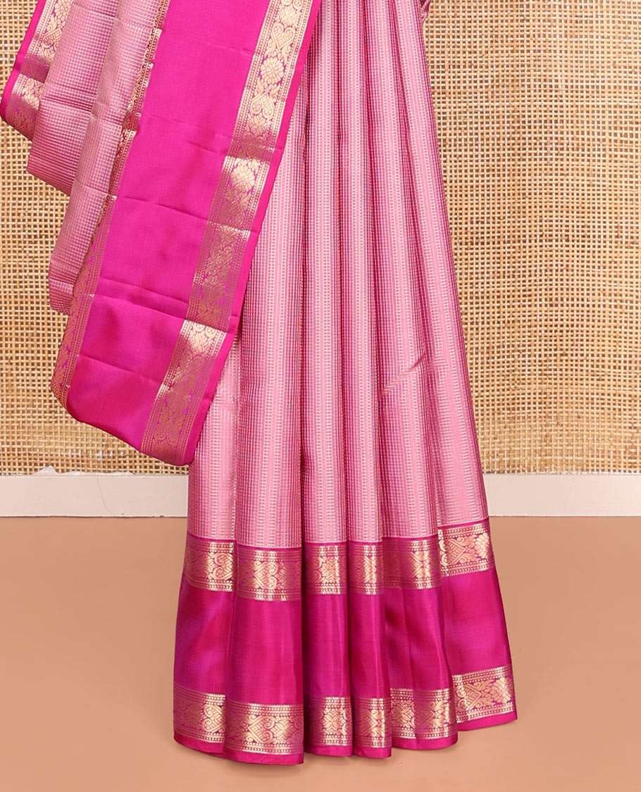 Pink Vasundhara Silk Saree, Subtly Sparkled with Micro-Checks on Its Body, Complemented by Contrast Rettai Pettu Border of Banaras, Muthu, and Jada Nagam Designs, Geometric-Patterned Pallu, and Paired with a Contrast Blouse