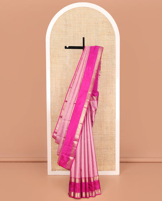 Pink Vasundhara Silk Saree, Subtly Sparkled with Micro-Checks on Its Body, Complemented by Contrast Rettai Pettu Border of Banaras, Muthu, and Jada Nagam Designs, Geometric-Patterned Pallu, and Paired with a Contrast Blouse