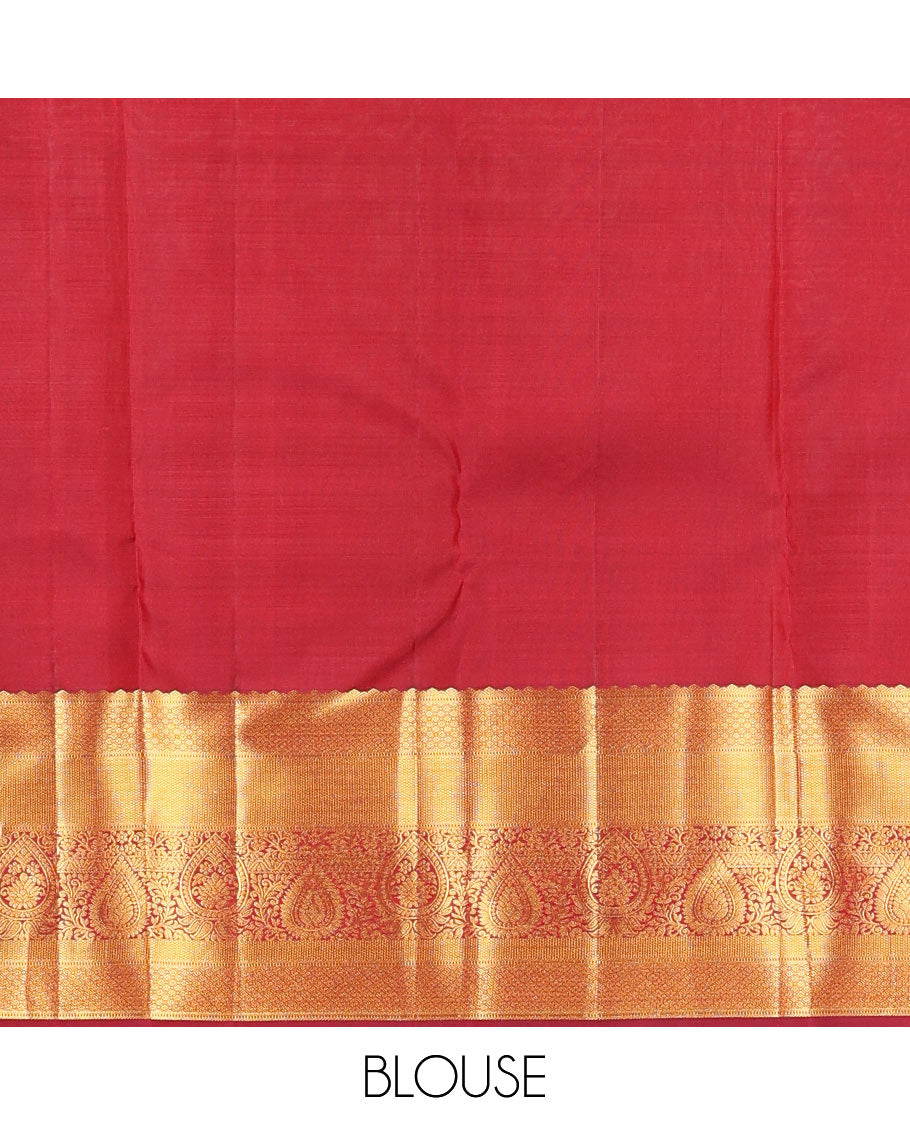 Red jacquard wedding silk saree, intricate pallu & zari border of muthu, mayil kann, kuyil kann & kodi visiry