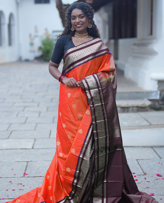 Reddish Orange-Coffee Brown Budget Silk Saree Features Vaira Oosi and Zari Buttas, Contrast Traditional Peacock Border, Jaal Pallu, and a Contrast Blouse