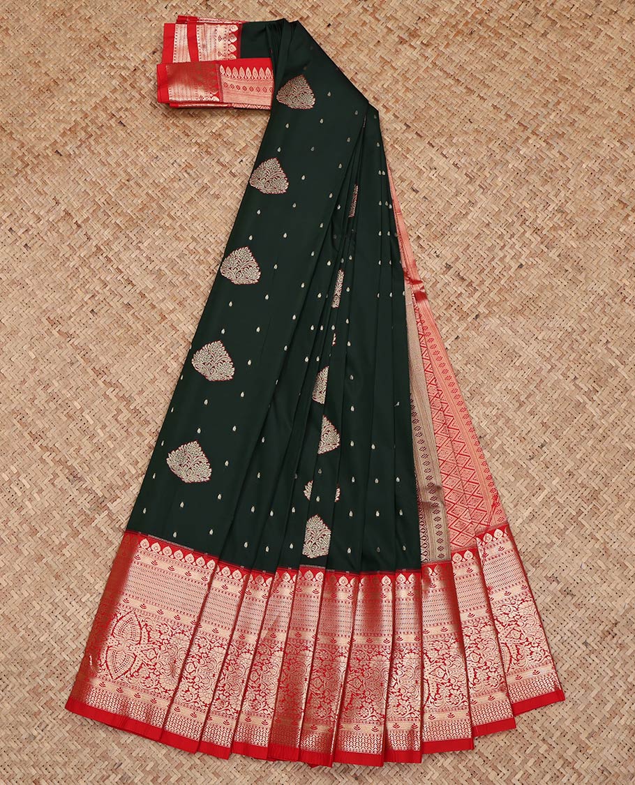 Deep Green Budget Silk Saree, Beautified with Zari Buttas on Its Body, Complemented by a Contrast Traditional Zari Design Border, Grand Jaal Pallu, and Paired with a Contrast Blouse