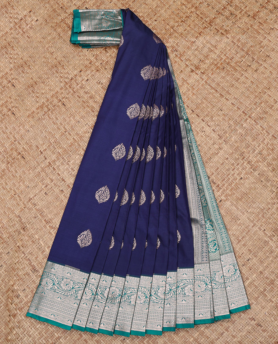Navy Blue Budget Silk Saree, Showcasing Zari Buttas All Over Its Body, Complemented by a Contrast Traditional Zari Design Border, Intricately Designed Pallu, and Paired with a Contrast Blouse
