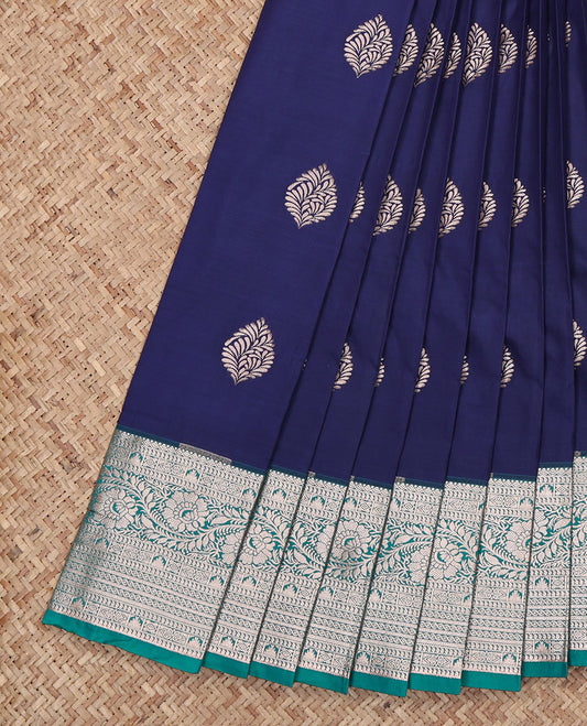 Navy Blue Budget Silk Saree, Showcasing Zari Buttas All Over Its Body, Complemented by a Contrast Traditional Zari Design Border, Intricately Designed Pallu, and Paired with a Contrast Blouse