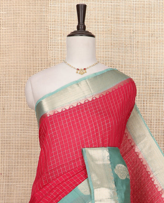Red zari checked Assam silk saree, contrast traditional zari border of paisleys, and pallu of zari stripes