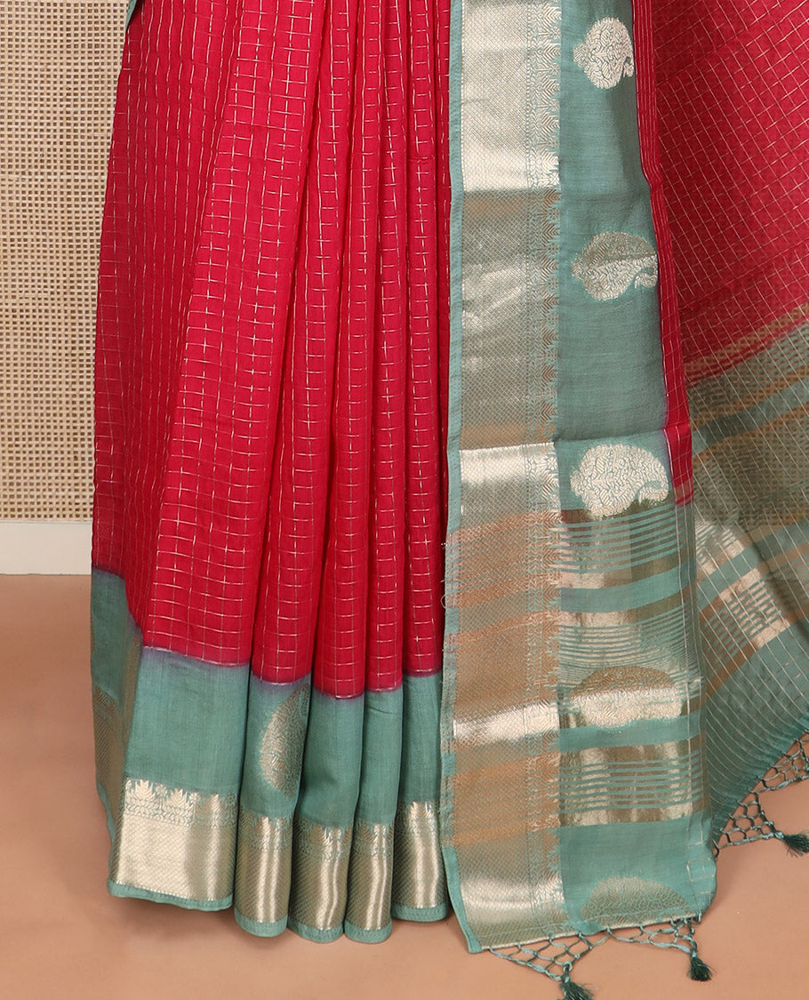 Red zari checked Assam silk saree, contrast traditional zari border of paisleys, and pallu of zari stripes