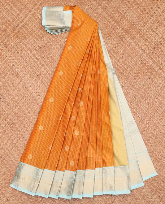 Orange Budget Silk Saree, Richly Detailed with Zari Buttas and Checks, Complemented by a Contrast Traditional Zari Border, Jaal Pallu, and a Contrast Blouse