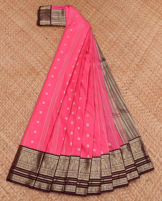 Pink Budget Silk Saree, Detailed with Zari Buttas, Complemented by a Contrast Traditional Zari Design Border, Geometric Pallu, and Contrast Blouse