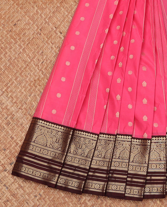 Pink Budget Silk Saree, Detailed with Zari Buttas, Complemented by a Contrast Traditional Zari Design Border, Geometric Pallu, and Contrast Blouse