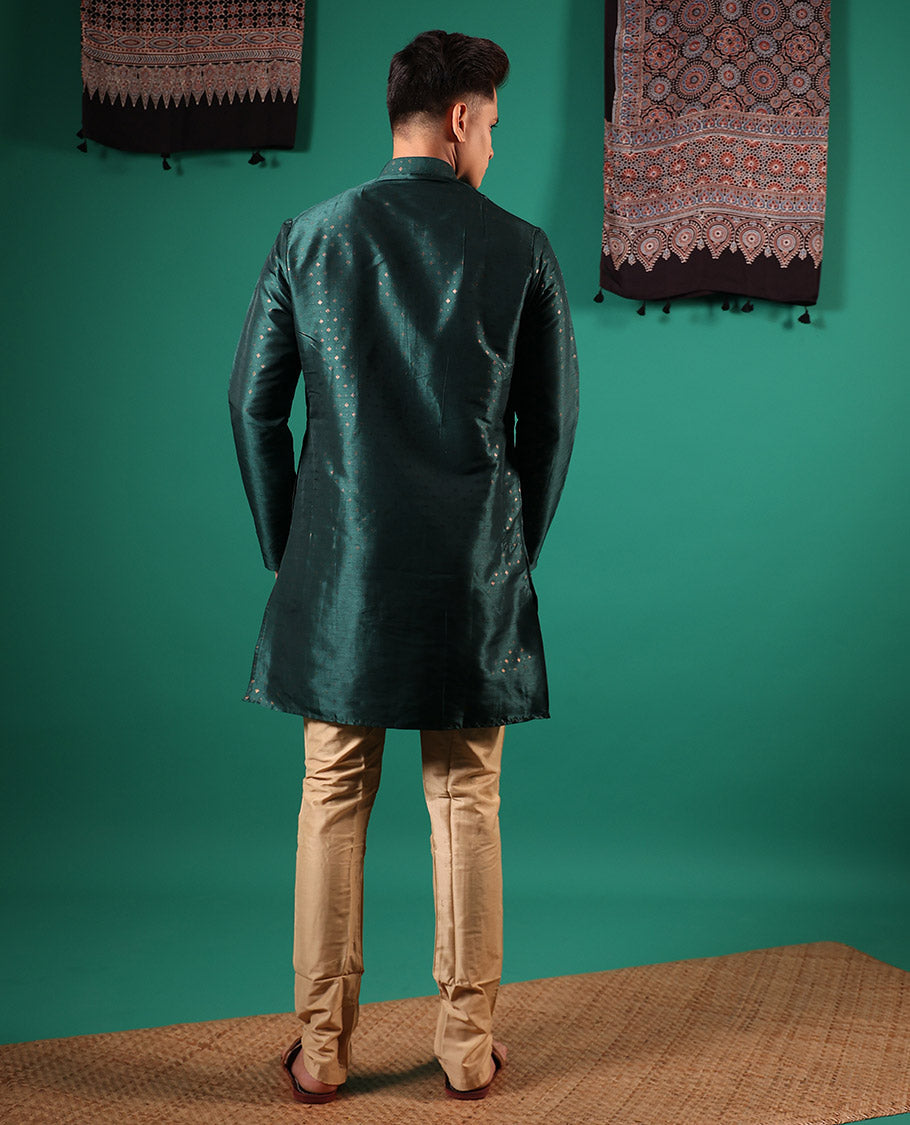 Green diamond motifs golden foil printed with full-sleeved men's kurta