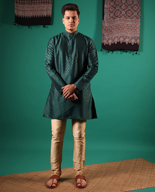 Green diamond motifs golden foil printed with full-sleeved men's kurta