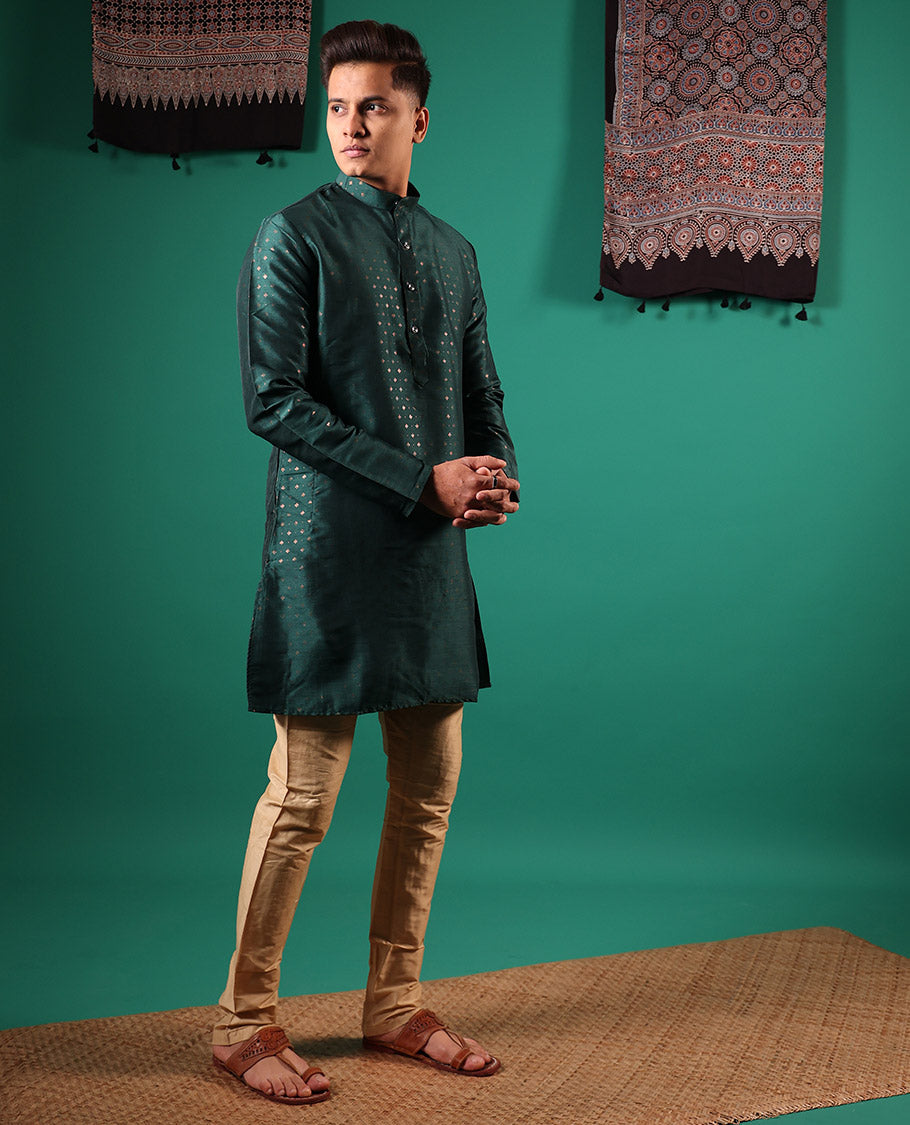 Green diamond motifs golden foil printed with full-sleeved men's kurta