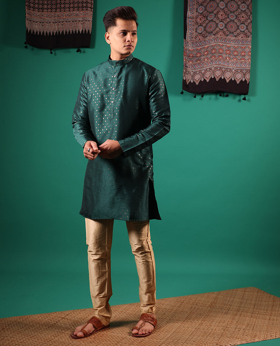 Green diamond motifs golden foil printed with full-sleeved men's kurta