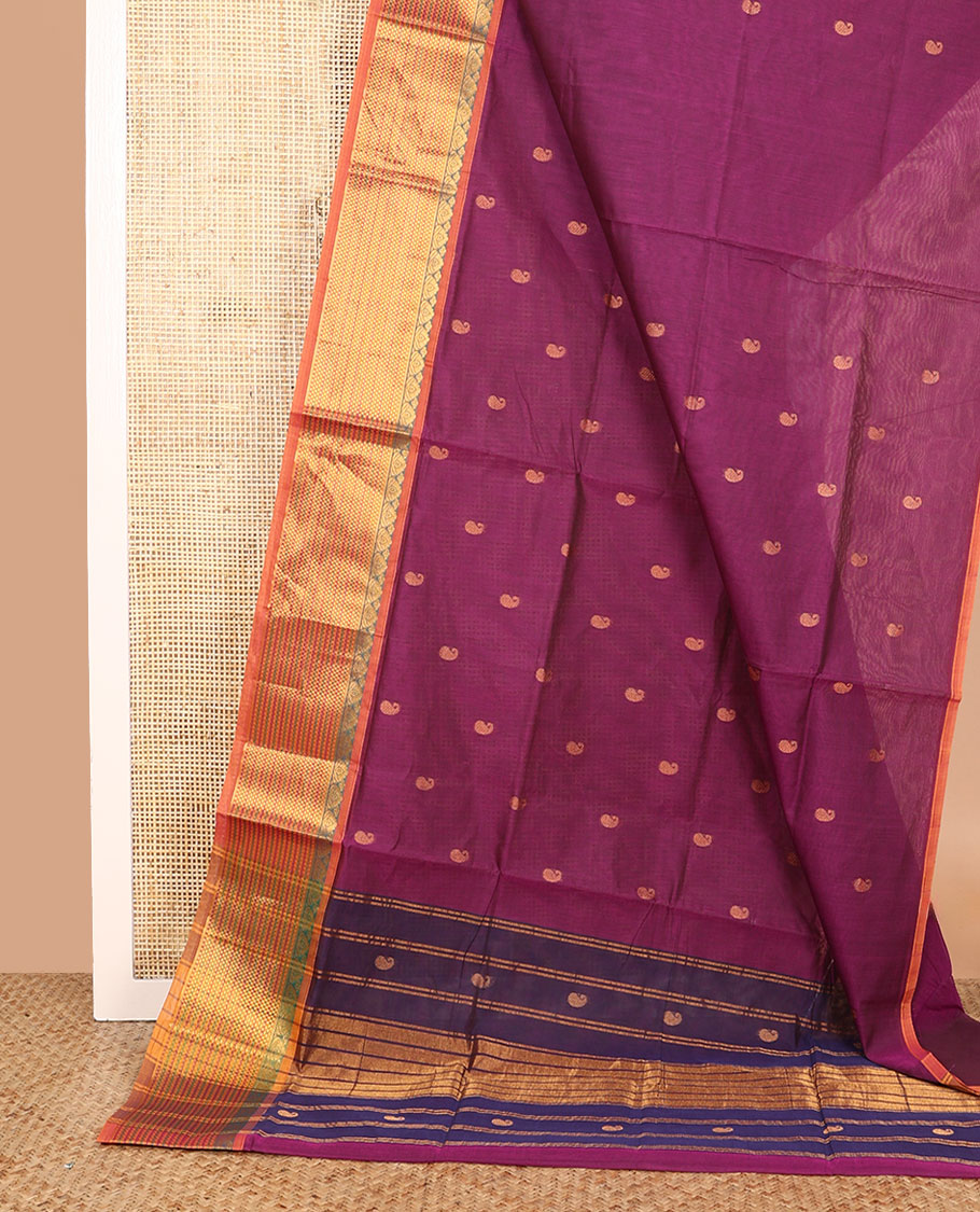Purple paisley buttas Venkatagiri cotton saree, contrast traditional zari design border, and zari striped pallu