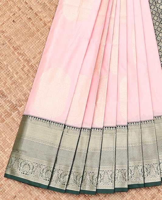 Baby Pink Budget Silk Saree, Sparsely Woven with Zari Buttas, Captivating Contrast Traditional Zari Design Border, Pallu of Intricate Design, and Has a Contrast Blouse
