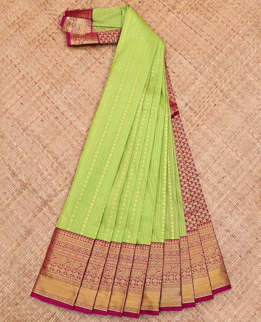 Parrot Green Budget Silk Saree, Detailed with Buttas and Stripes All Over Its Body, Complemented by a Contrast Traditional Zari Design Border, Grand Pallu, and Paired with a Contrast Blouse