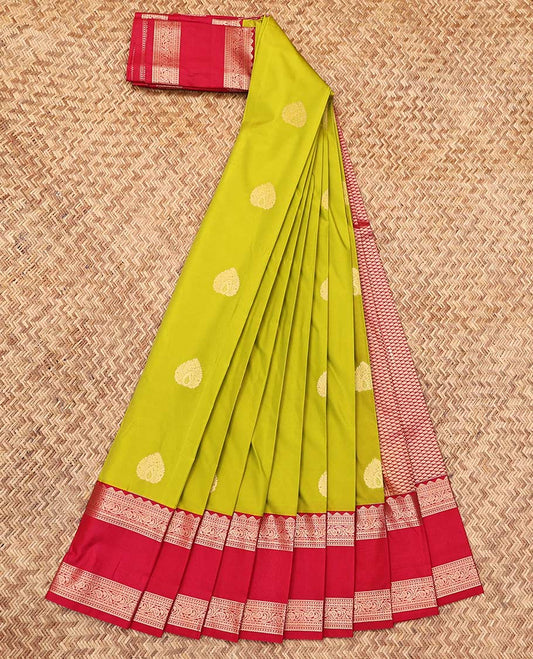 Parrot Green Budget Silk Saree, Gleamed Up with Zari Buttas, a Contrast Traditional Zari Design Rettai Pettu Border, Grand Pallu, and a Contrast Blouse