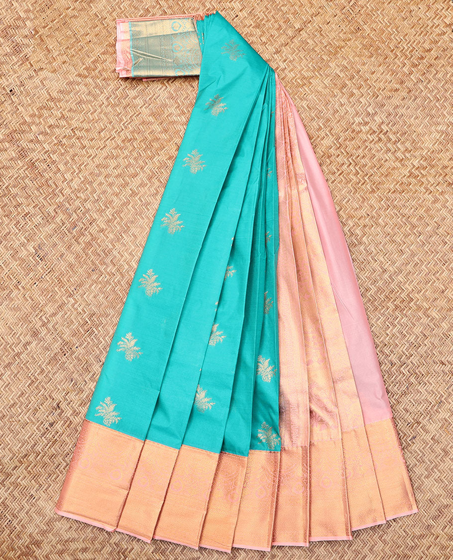 Blue Budget Silk Saree, Enlivened with Zari Buttas, Complemented by Contrast Traditional Zari Border, a Grand Pallu and a Contrast Blouse