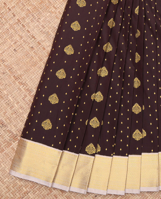 Brown Budget Silk Saree, Detailed with Zari Buttas All Over Its Body, Complemented by a Contrast Traditional Zari Design Border, a Sparsely Woven Jaal Pallu, and Paired with a Contrast Blouse