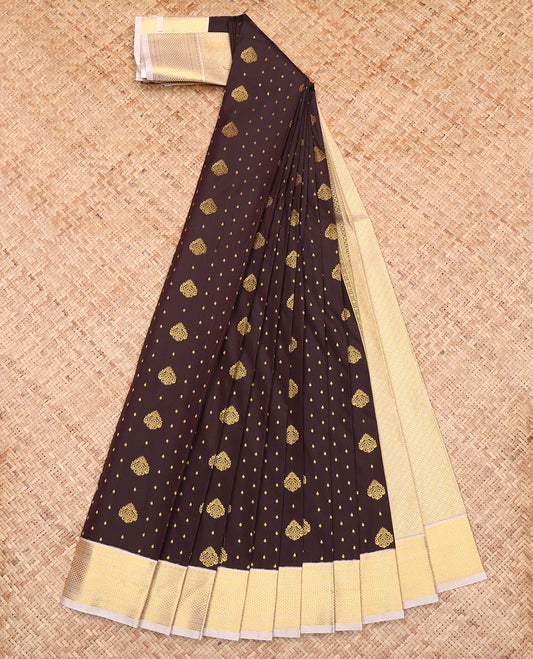 Brown Budget Silk Saree, Detailed with Zari Buttas All Over Its Body, Complemented by a Contrast Traditional Zari Design Border, a Sparsely Woven Jaal Pallu, and Paired with a Contrast Blouse