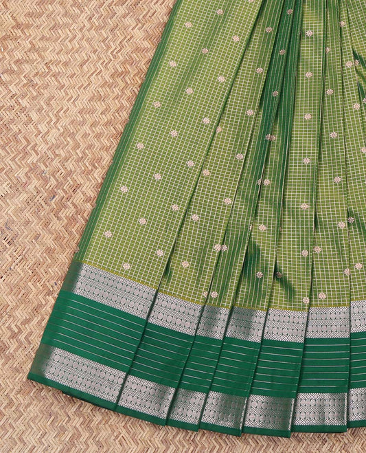Green Budget Silk Saree, Dazzled with Zari Buttas and Stripes on Its Body, Complemented by a Contrast Traditional Zari Design Rettai Pettu Border, Intricately Designed Pallu, and Paired with a Contrast Blouse